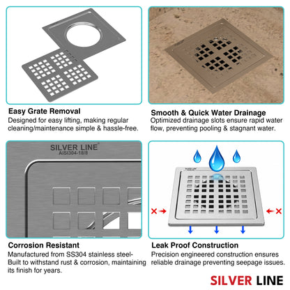 MultiSquare Floor Drain (6" x 6") | SS 304 | Matt Finish | For Bathroom, Kitchen, Balcony - Silver Line