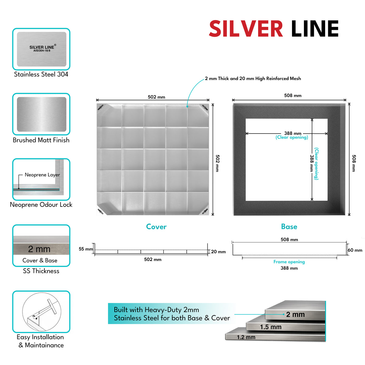 Recessed Manhole Cover (20" x 20") | SS 304 - Heavy Duty with Tile/Marble Insert for Indoor & Outdoor Use - Silver Line