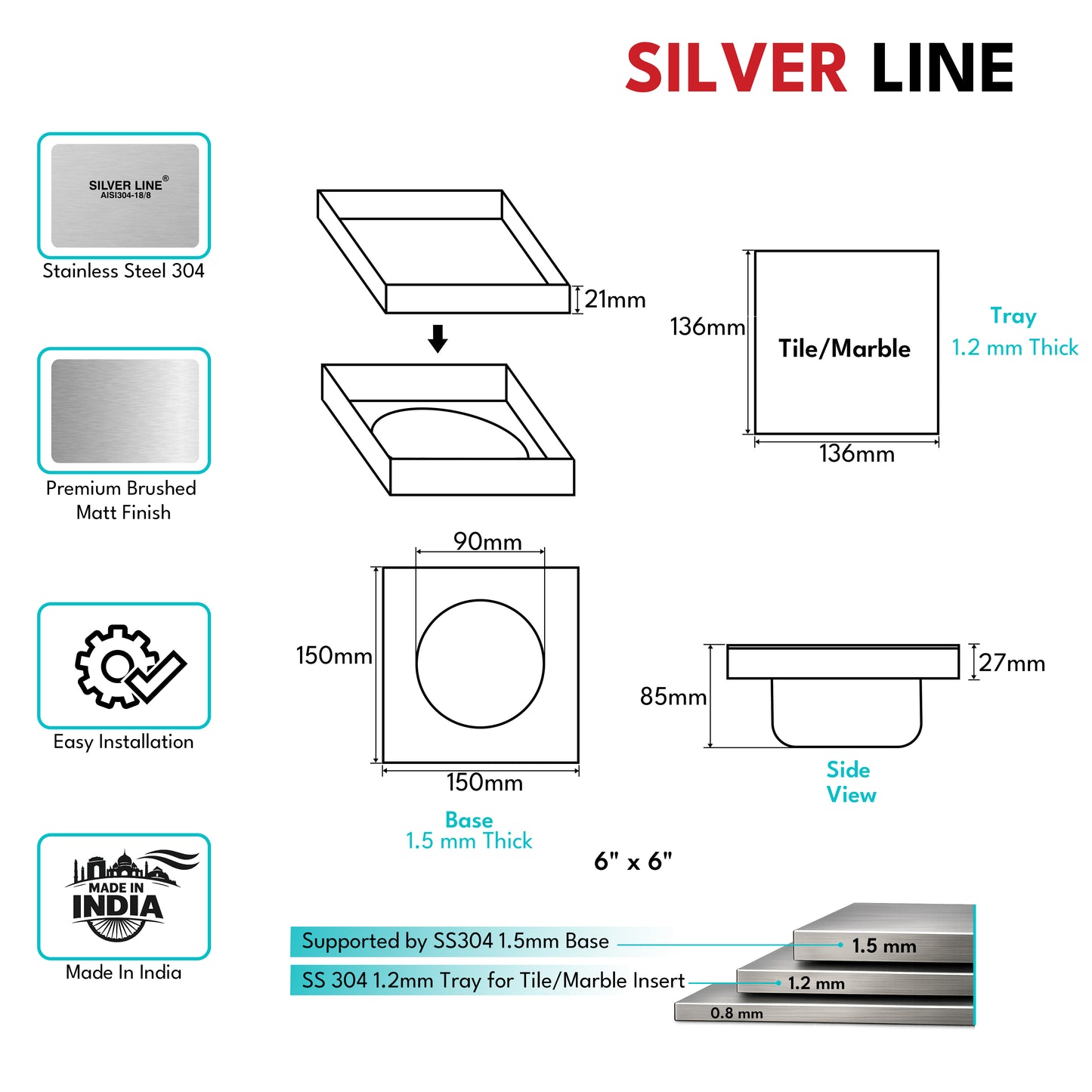 Tile Insert Floor Drain | 304 Stainless Steel | Invisible Drain with Cockroach Trap - Silver Line