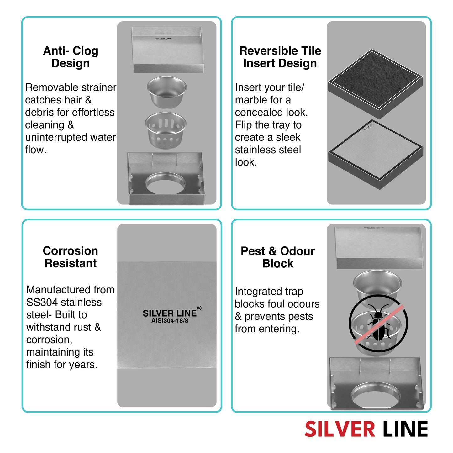 Tile Insert Floor Drain | 304 Stainless Steel | Invisible Drain with Cockroach Trap - Silver Line