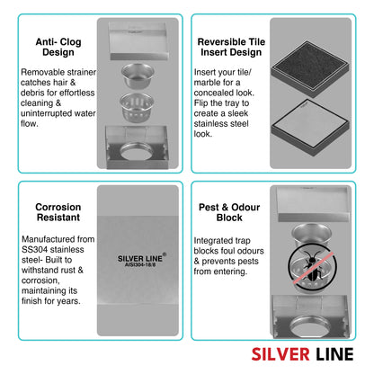 Tile Insert Floor Drain | 304 Stainless Steel | Invisible Drain with Cockroach Trap - Silver Line