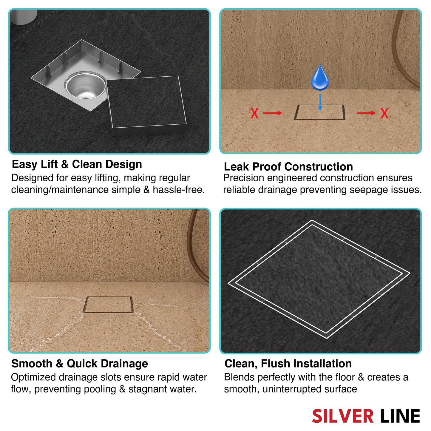 Tile Insert Floor Drain | 304 Stainless Steel | Invisible Drain with Cockroach Trap - Silver Line