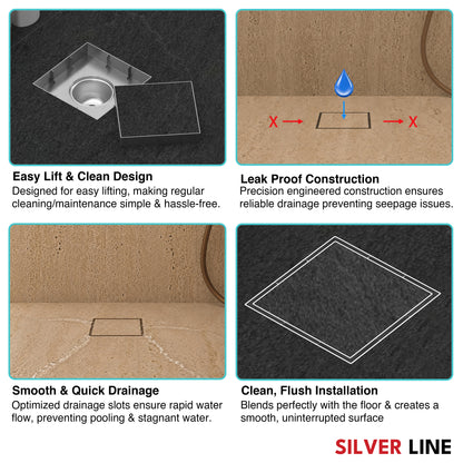 Tile Insert Floor Drain | 304 Stainless Steel | Invisible Drain with Cockroach Trap - Silver Line