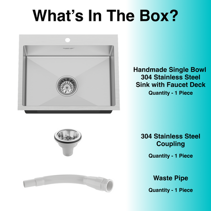 Handmade Single Bowl with Faucet Deck 304 Grade Kitchen Sink (24" x 20" x 9")