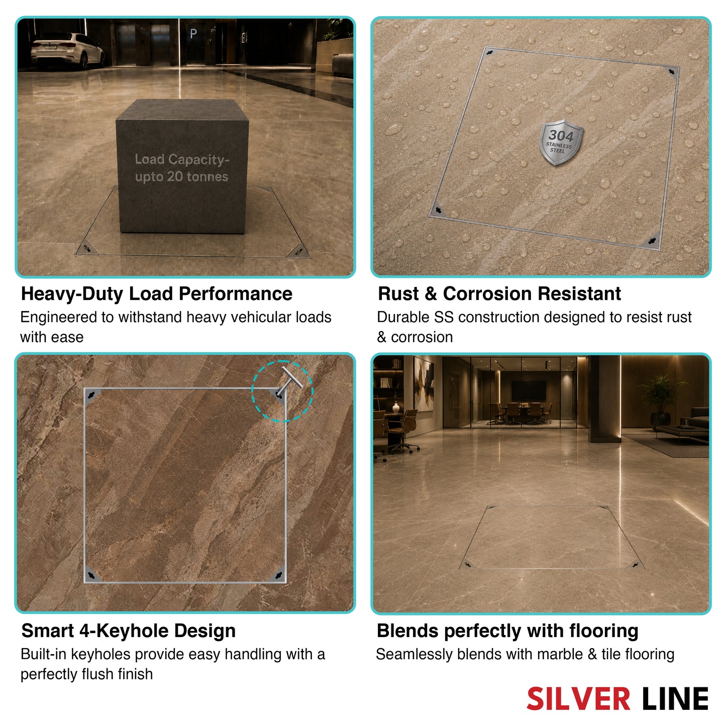Recessed Manhole Cover (27" x 27") | SS 304 - Heavy Duty with Tile/Marble Insert for Indoor & Outdoor Use - Silver Line