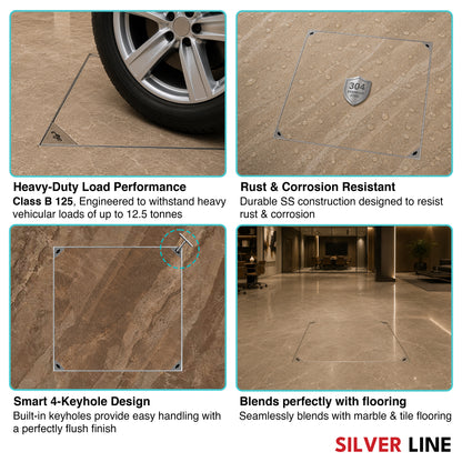 Recessed Manhole Cover (20" x 20") | SS 304 - Heavy Duty with Tile/Marble Insert for Indoor & Outdoor Use - Silver Line