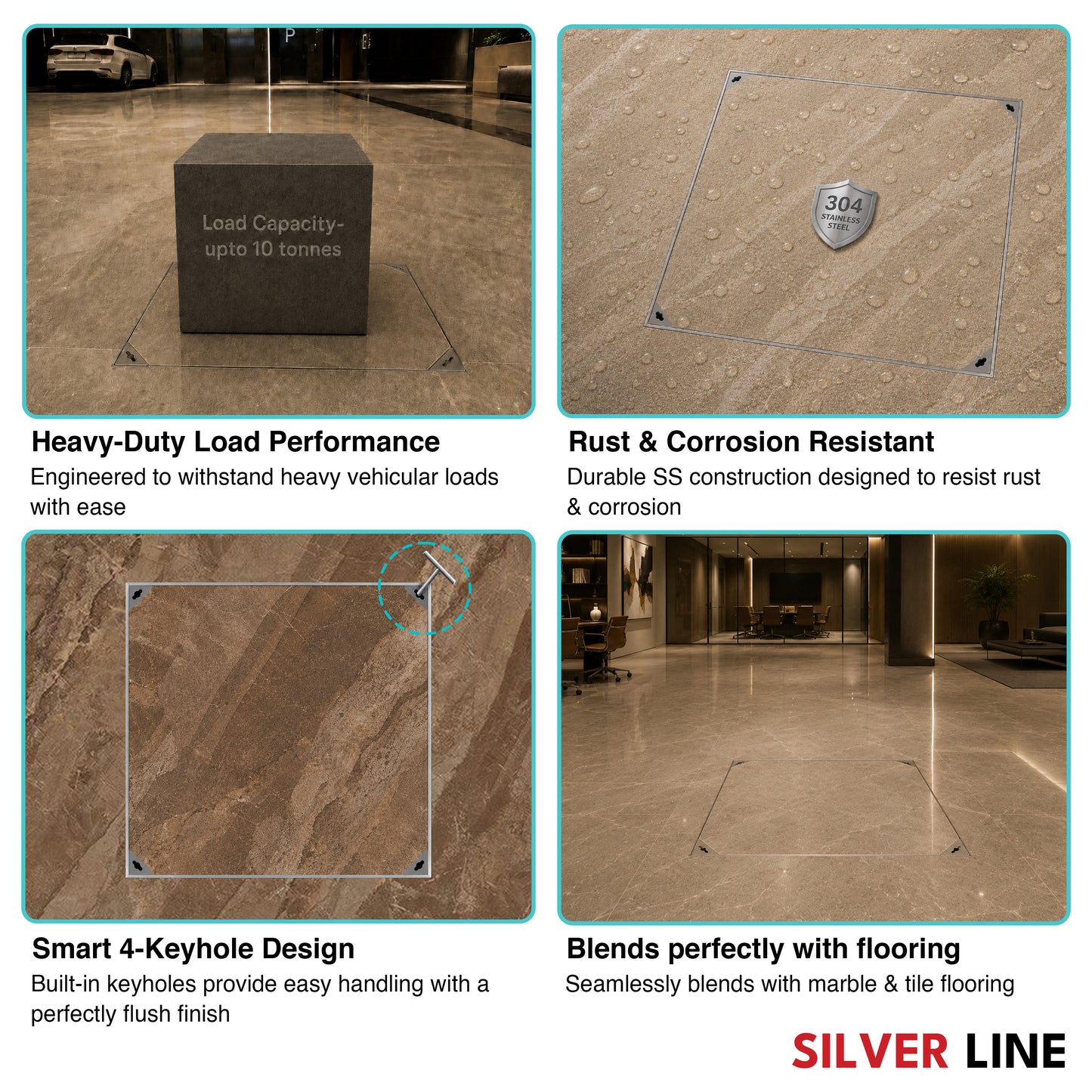 Recessed Manhole Cover (20" x 20") | SS 304 - Heavy Duty with Tile/Marble Insert for Indoor & Outdoor Use - Silver Line