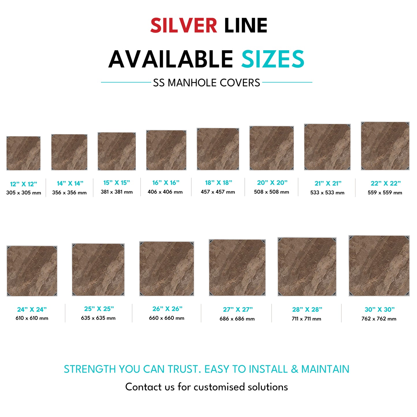 Recessed Manhole Cover (27" x 27") | SS 304 - Heavy Duty with Tile/Marble Insert for Indoor & Outdoor Use - Silver Line